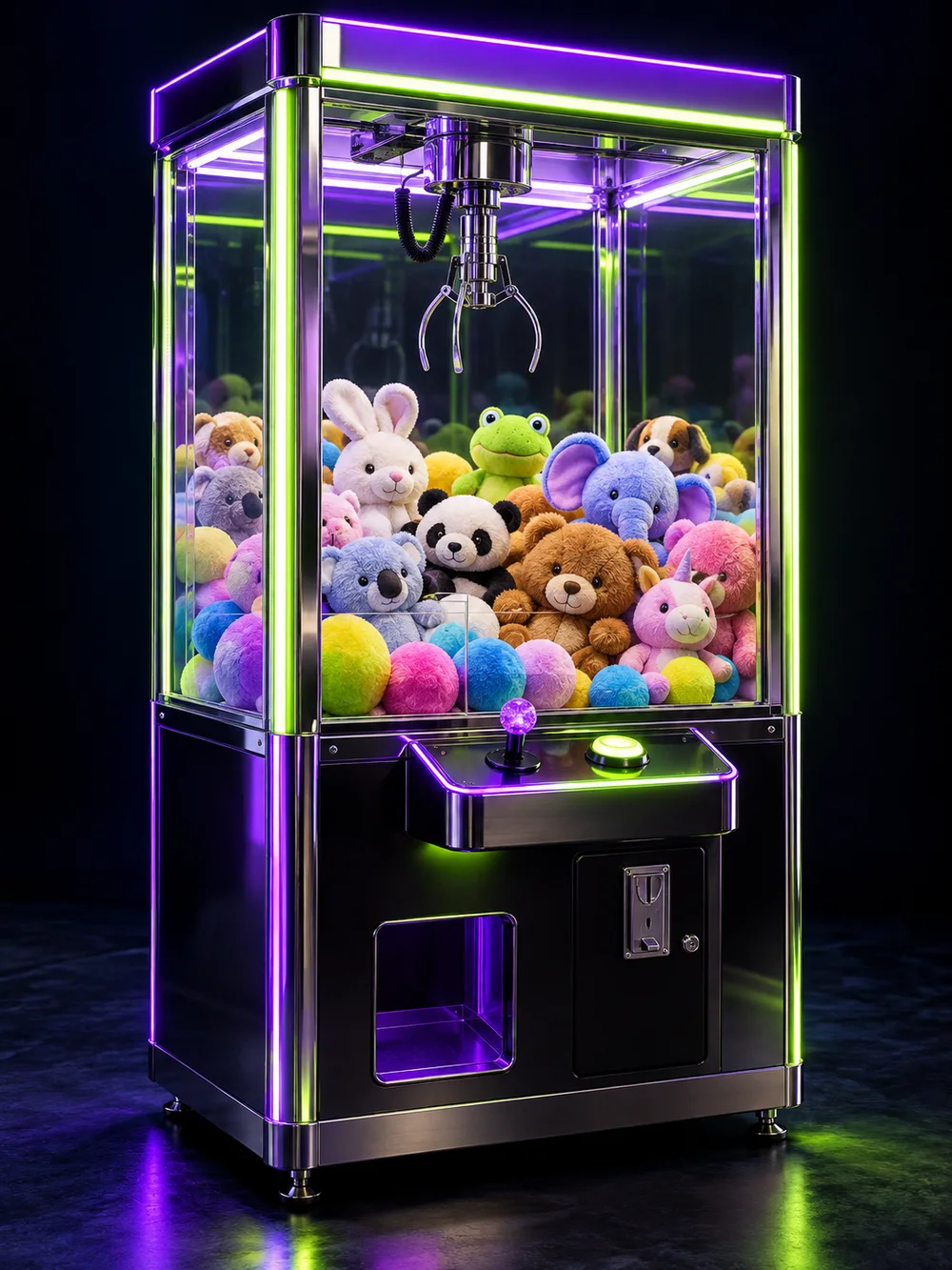 An illuminated claw machine with colourful prizes